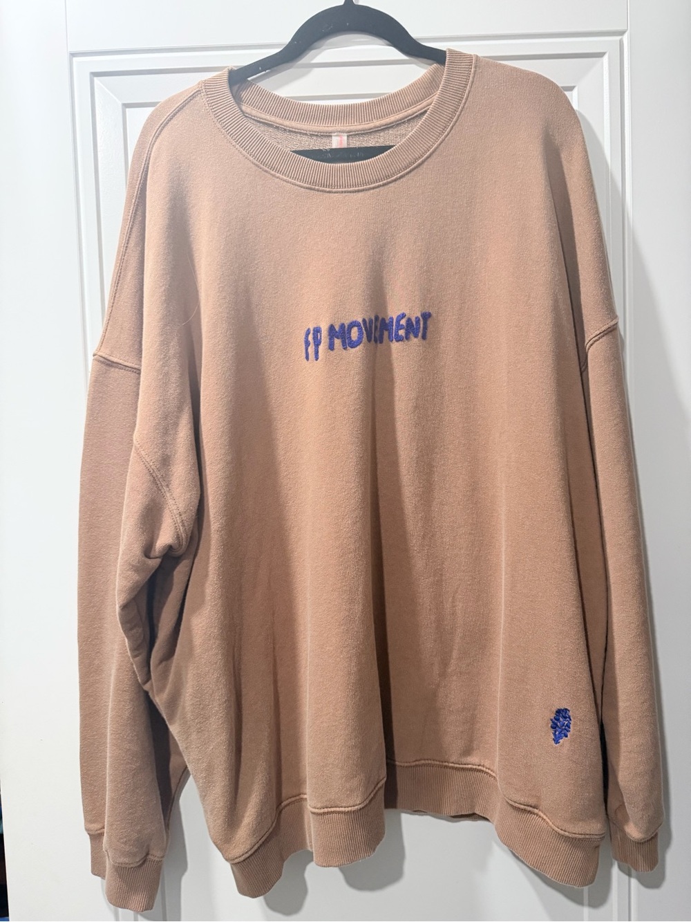 FP Movement by Free People Tan Crewneck Sweatshirt with Blue Embroidery